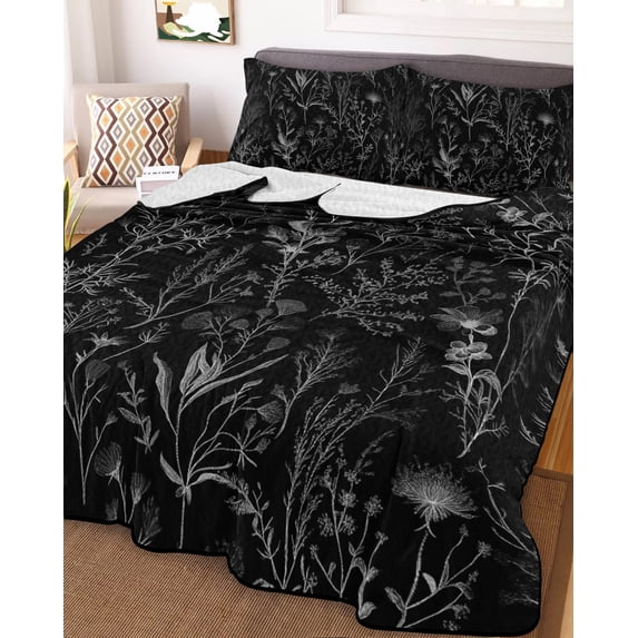 Black Spring Floral Twin Size Down Alternative Comforter, Lightweight Comforter Quilt Bedding Set with Pillow Shams Vintage Botanical Watercolor All Seasons Bed Comforter Duvet Insert 68"x86"
