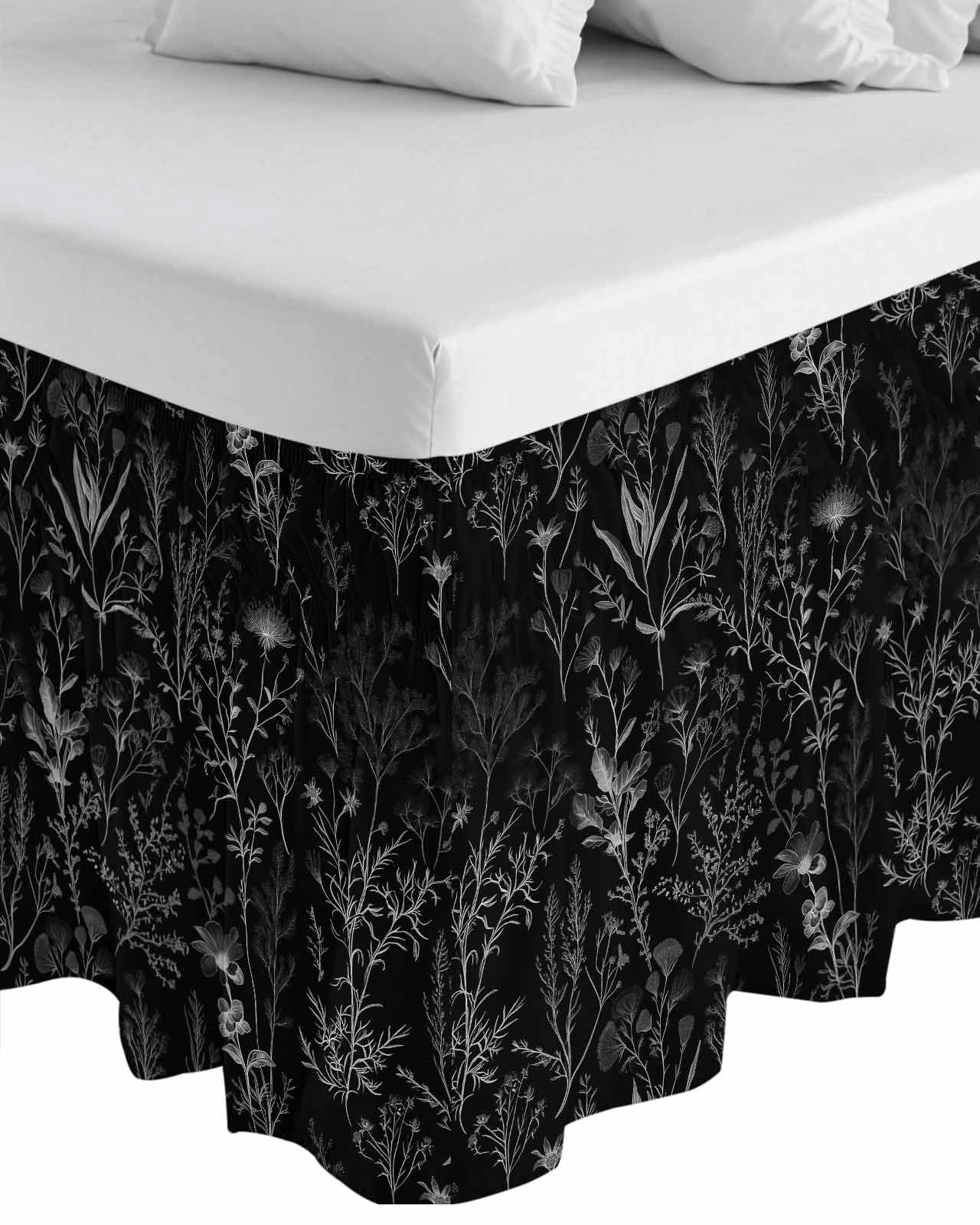 Black Spring Floral Wrap Around Bed Skirts for California King Bed 18" Drop,Bed Skirt with Adjustable Elastic Belt Dust Ruffle Bed Valance for Bedroom Vintage Botanical Watercolor Bed Frame Cover