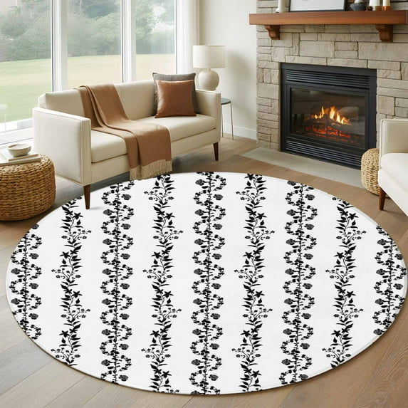 Black Spring Leaves Round Area Rug 7Ft Washable Circle Rugs for Dorm Laundry Room, Pastoral Botanical Striped Flowers Non-Slip Carpet Floor Mats Indoor Outdoor Carpet Runner Aesthetic Home Decor