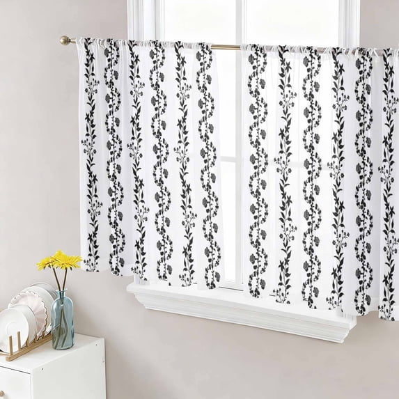 Black Spring Leaves Sheer Curtains 45 Inch Length 2 Panels Set, Pastoral Botanical Striped Flowers Voile Window Treatment Rod Pocket Small Kitchen Curtains Drapes for Bedroom 52"x45"x2