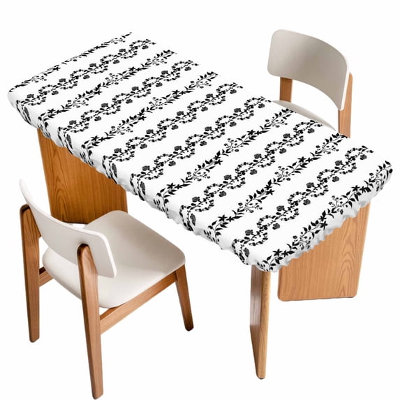 Black Spring Leaves Table Cloths for 6 Foot Rectangle Tables, Pastoral Botanical Striped Flowers Patio Waterproof Elastic Fitted Tablecloths, Washable Rectangular Table Cover for Camping