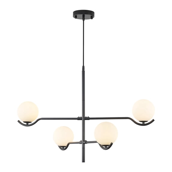 Black Sputnik Chandelier, Modern 4 Lights L31"Large Mid Century Long Ceiling Pendant Light Fixtures with Milk Glass Globe Shades for High Ceiling Living Dining Room Foyer Bedroom
