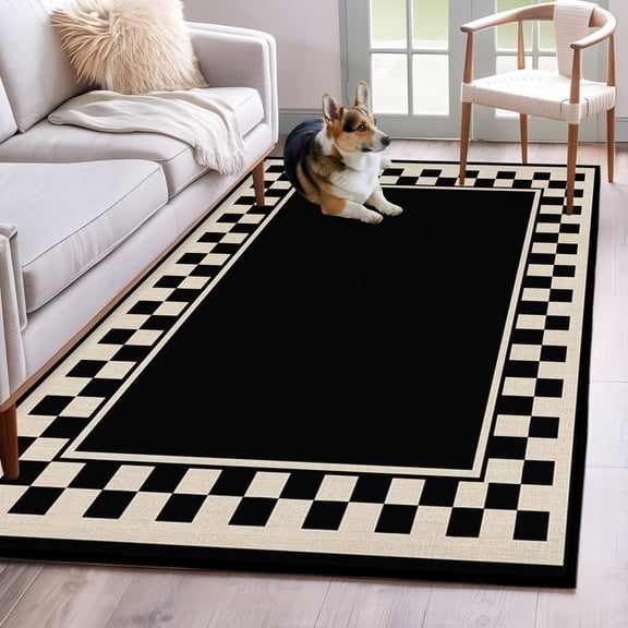 Black Square 2.7x5 Hallway Washable Runner Rug Graphic Retro Black Khaki Checkered Border Low-Profile Large Area Rugs Non Slip Backing Indoor Floor Carpet for Entrance Living Room Bedroom Home Office