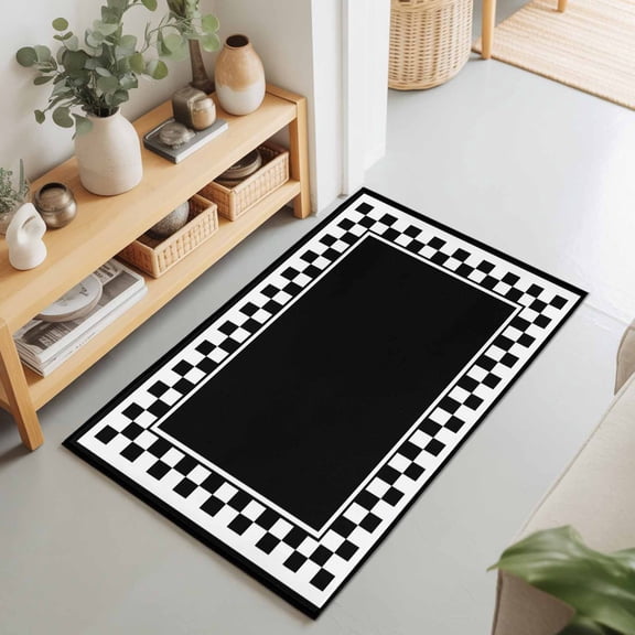 Black Square 2'x3' Rug for Entryway Front Door Kitchen Sink Area, Graphic Retro Black White Checkered Border Low Pile Washable Non Slip Rectangle Area Rug for Living Room