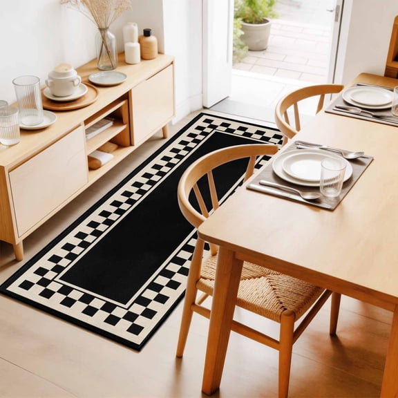 Black Square 2'x6' Runner Rug for Hallway Walkway Kitchen Galley, Graphic Retro Black Khaki Checkered Border Low Pile Washable Non Slip Long Area Rug for Living Room