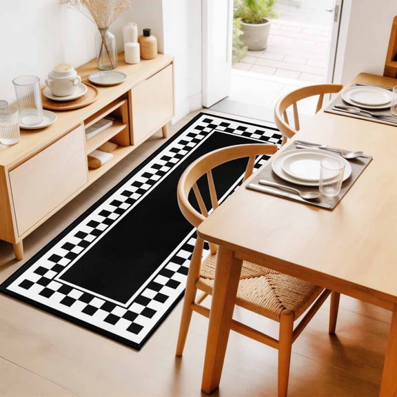 Black Square 2'x6' Runner Rug for Hallway Walkway Kitchen Galley, Graphic Retro Black White Checkered Border Low Pile Washable Non Slip Long Area Rug for Living Room