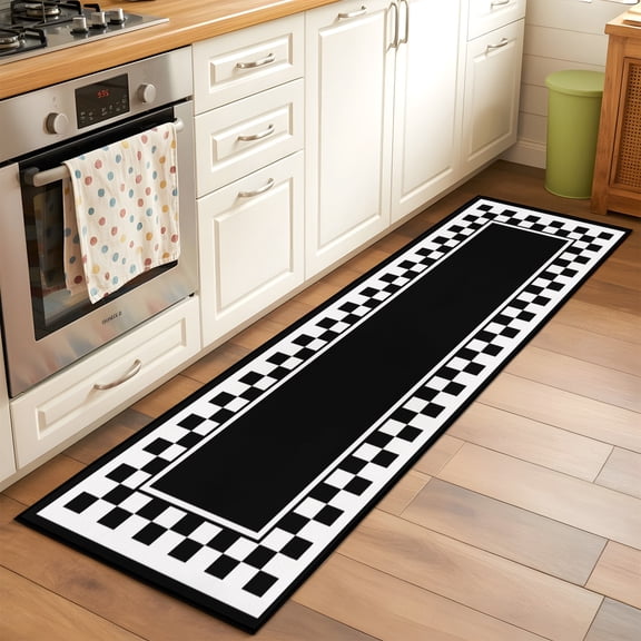 Black Square 2x6 Hallway Washable Runner Rug Graphic Retro Black White Checkered Border Kitchen Runner Mat with Non Slip Backing Low Pile Thin Floor Carpet for Indoor Bedroom Bathroom Living Room