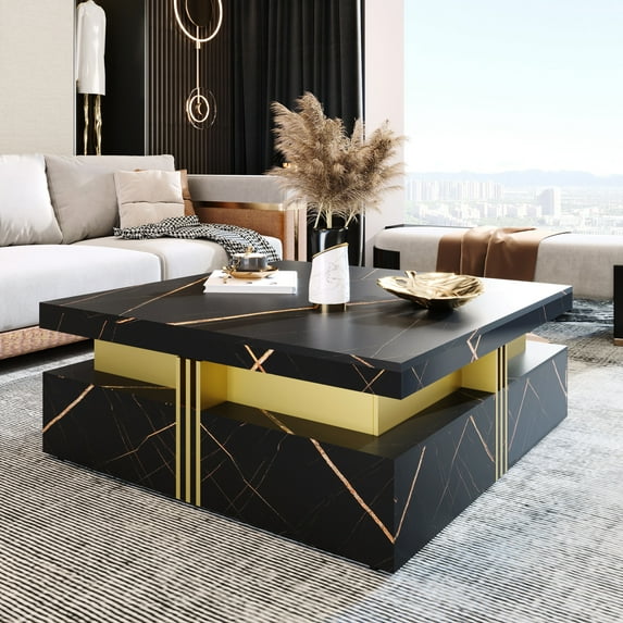 Black Square Coffee Table With 4 Drawers - Construction For A Sleek Look Elegant Graceful Living Room Addition