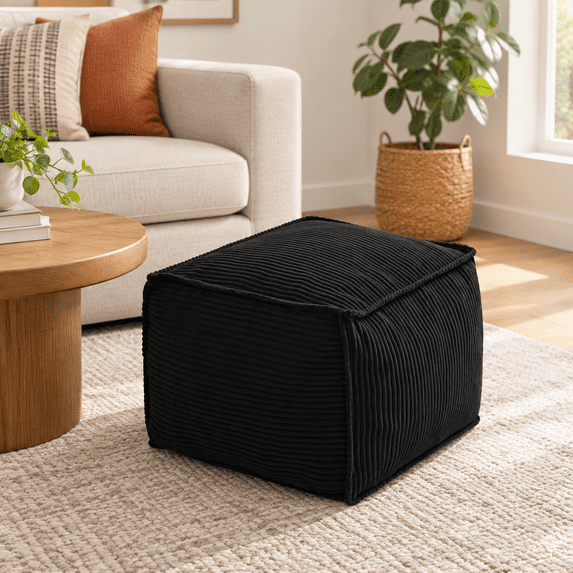 Stool 8 Inch Black Square Corduroy Pouf Ottoman, 15.20 x 11.57 x 5.71 Inch Plush ...