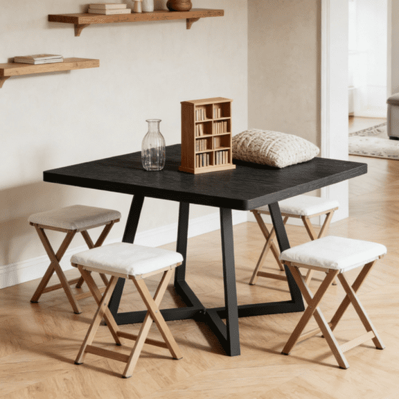 Black Square Dining Table, Industrial Kitchen Table with Trapezoidal Metal Legs, Rustic Wood Grain MDF Dinner Table for 2-4 People,