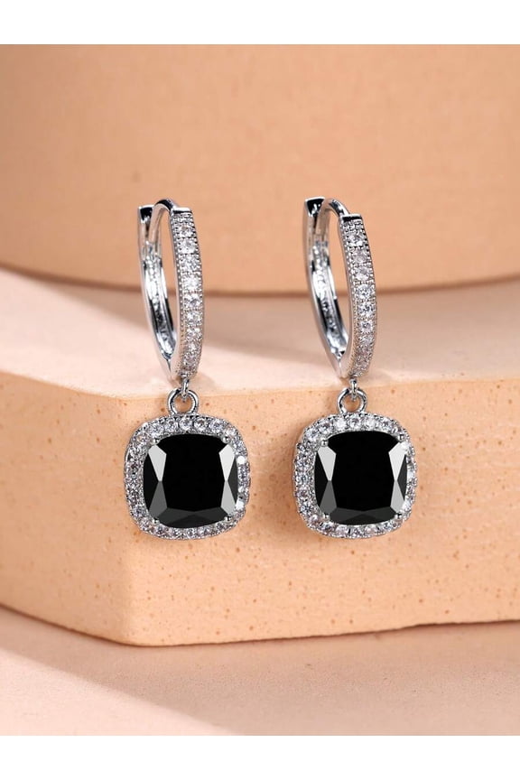 Black Square Halo Drop Earrings With Rhinestones In Silvertone Metal