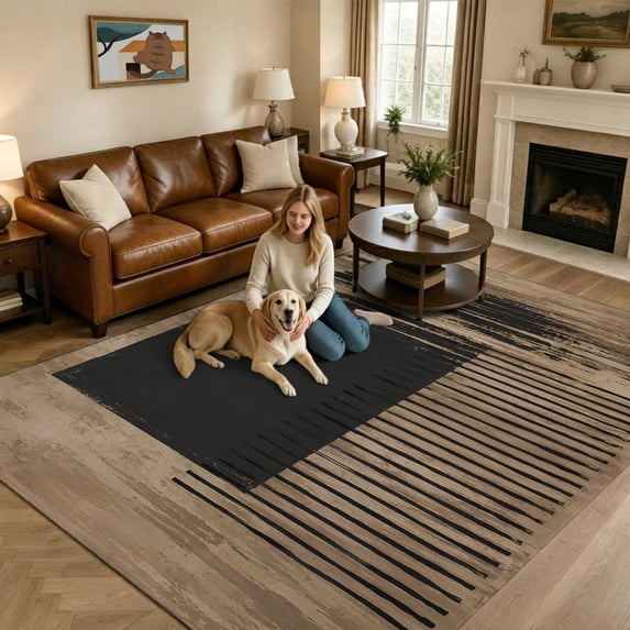Black Square Large Area Rugs 6x9ft Industrial Charcoal Tan Distressed ...