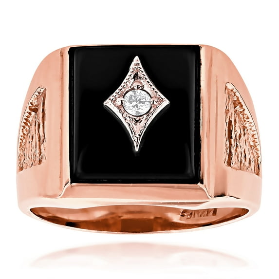Black Square Natural Onyx And Real 0.1 Ctw Diamond 14K Mens Ring For Him (Rose Gold Size 10)