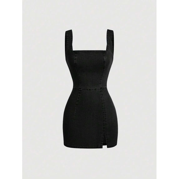 Black Square Neck Denim Bodycon Mini Dress