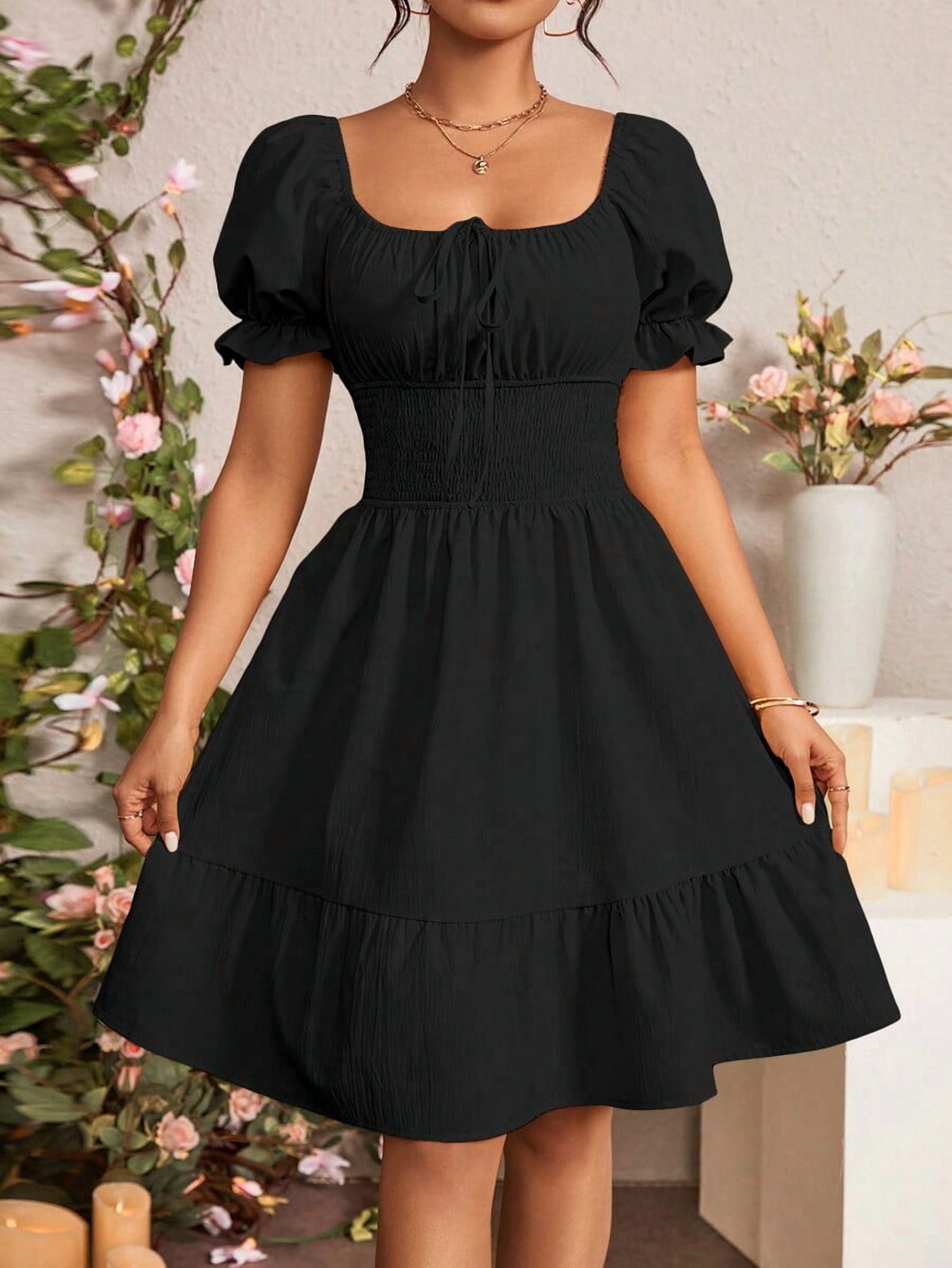 Black Square Neck Ruched Waist A-Line Dress With Puffed Sleeves And ...