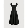 thumbnail image 1 of Black Square Neck Shell Sleeve Pleated A-Line Midi Dress For Formal Events, 1 of 4