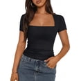 thumbnail image 1 of Black Square Neck Short Sleeve Slim Fit T-Shirt for Women, 1 of 5