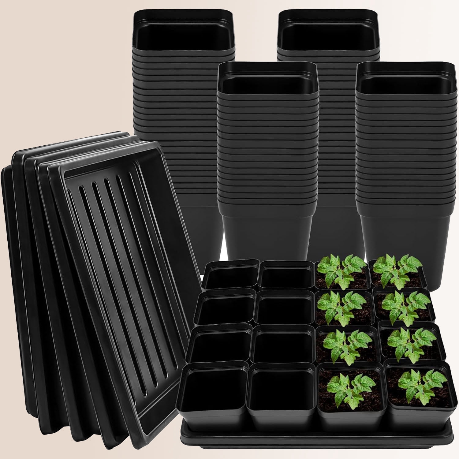 Black Square Nursery Pots with Plastic Seed Starting Trays, Plant Propagation Starter Kit Square Pots with Drain Holes