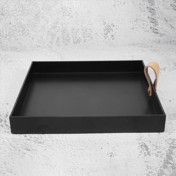 Black Square PU Leather Serving Tray With Handles, Decorative Desktop Storage Plate for Cosmetics & Sundries
