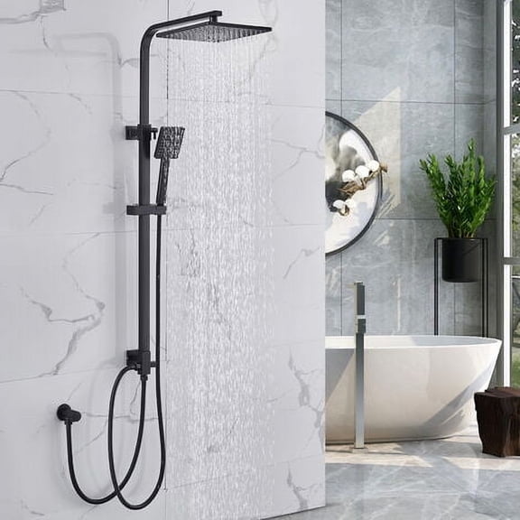 Black Square Shower Column (Without Faucet) 2-Function Shower Kit With Manual Shower, Adjustable Height 72-124 Cm