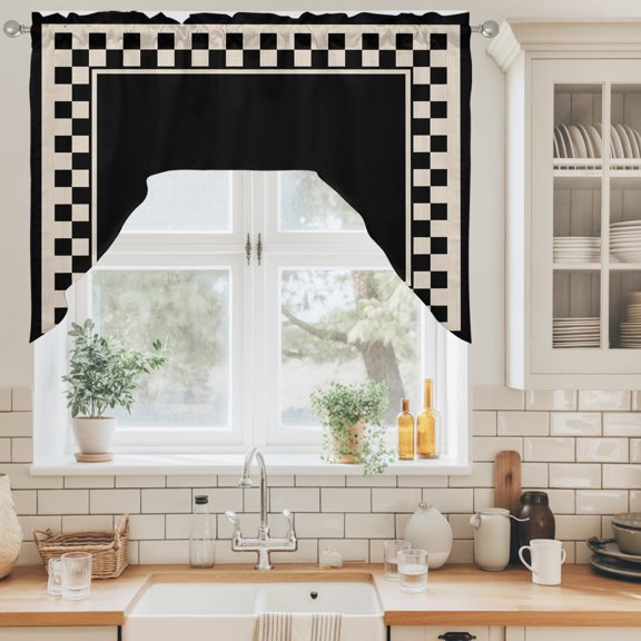 Black Square Swag Valance for Windows, Graphic Retro Black Khaki Checkered Border Swag Curtains Valances for Small Window Treatment Rod Pocket for Kitchen Bathroom 1 Panel 56x36in