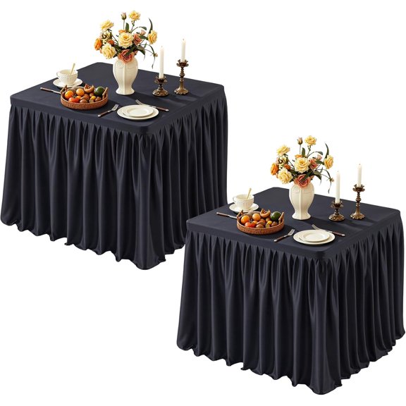 Black Square Tableloths 34x34 Inch 2 Packs, Stretch Fitted Square Table Cloth Washable Fabric Card Table Cover with Pleated Ruffle Skirt for Dining, Kitchen, Buffet Parties, Trade Show, Vendor Stand