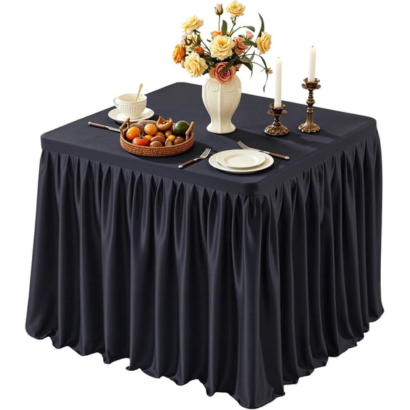 Black Square Tableloths 34x34 Inch, Stretch Fitted Small Square Table Cloth Washable Fabric Card Table Cover with Pleated Ruffle Skirt for Dining,Kitchen,Buffet Parties,Trade Show,Vendor Stand