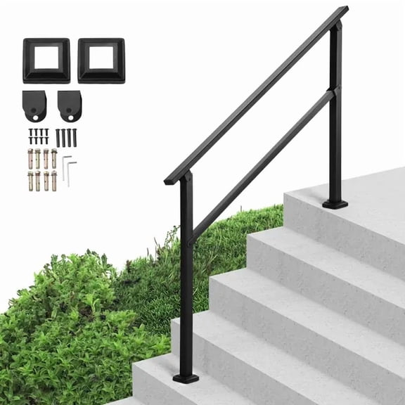 Black Square Tube Outdoor Stair Handrail Kit for 4-5 Steps-Carbon Steel Support with Horizontal Bar,Easy Installation on Concrete and Deck