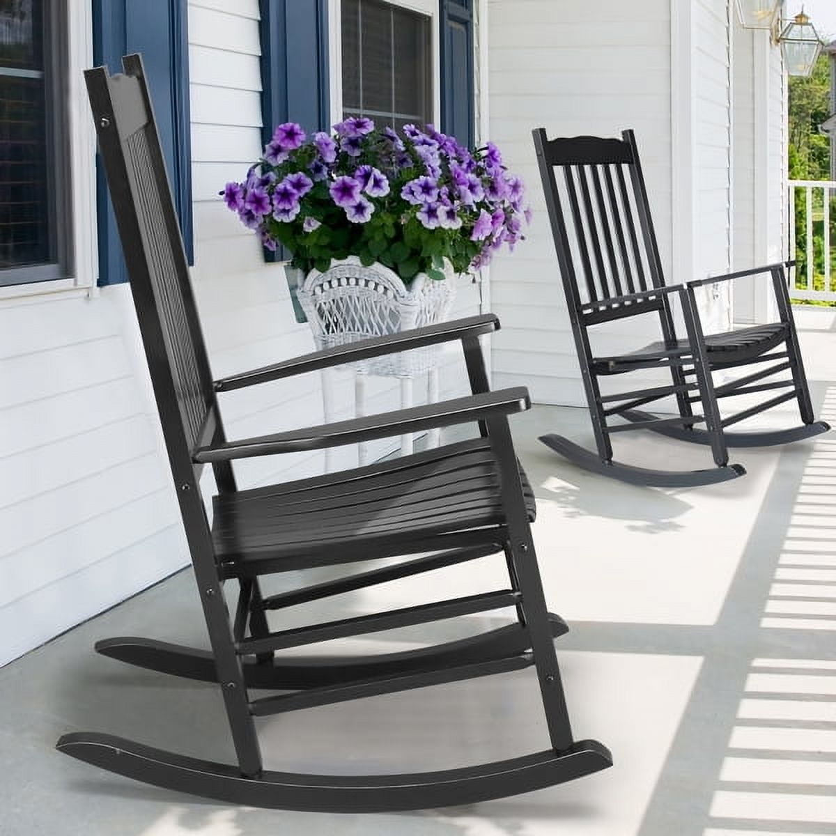 Black Square Wooden Rocking Chair with Solid Wood Frame, Indoor/Outdoor Stable Rocker for Patio, Porch & Living Room