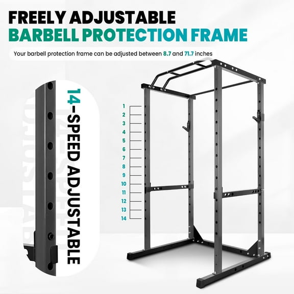 Black Squat Rack with Protection Arm, 1200 LBS Capacity All-in-One Power Cage, 44.3x45.6x81.5 Inch, 14.0 sq.ft Adjustable Compact Fitness Cage for Home Gym