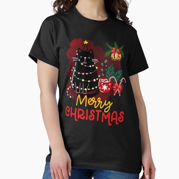 Black St. Nick Cat Tangled Up In Lights Christmas St. Nick Funny Cats Sayings - Must-Have G18176 Unisex T-Shirt, Up to Size 5XL