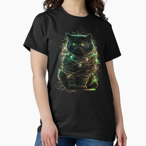 Black St. Nick Cat Tangled Up In Lights Funny Christmas St. Nick Holiday - Comfortable Fit G17866 Unisex T-Shirt, Up to Size 5XL