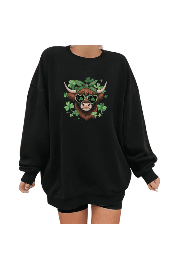 Black St. Patrick's Star-Adorned Shamrock Sweet Cow Print Sweatshirt Graphic Sweatshirt Crewneck St. Patrick's Charming Lucky Sparkly Sweet Holiday Style S-3XL Daily Easygoing Tops