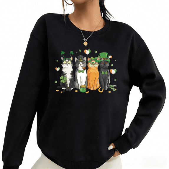 Black St Patricks Day Cat Print Sweatshirt Graphic Sweatshirt Cute Irish Holiday Outfit S-3XL Tops