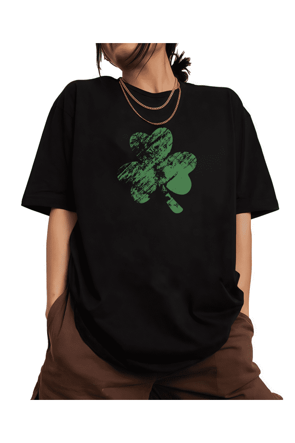 Black St Patricks Day Print Tshirt Graphic Tees Shirts Distressed Green Clover Festive Casual Edgy Tops Sizes S-5XL