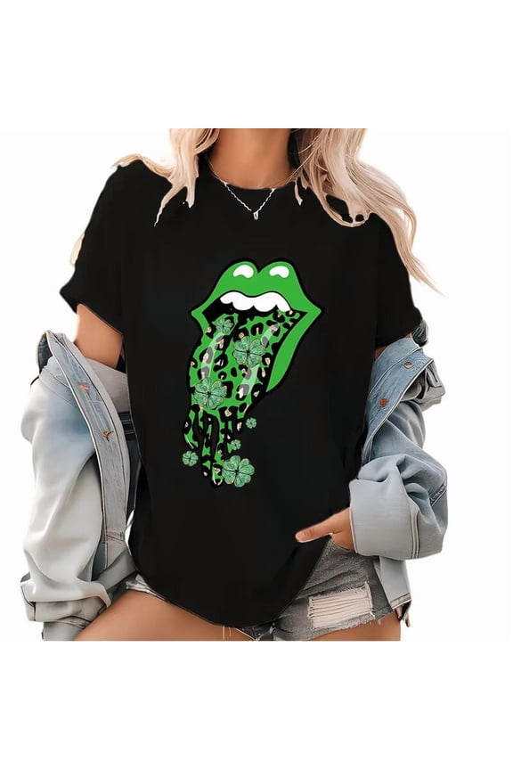 Black St Patricks Day Print Tshirt Graphic Tees Shirts Green Tongue Clover Leopard Festive Casual Fashion Edgy Style Tops Sizes S-5XL