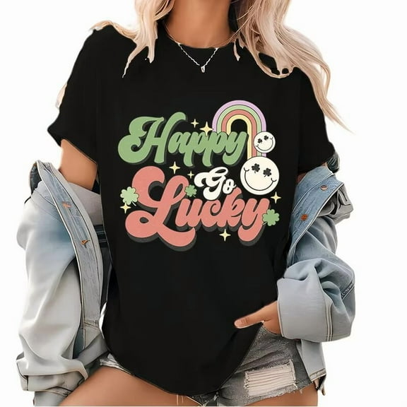 Black St Patricks Day Print Tshirt Graphic Tees Shirts Happy Go Lucky Rainbow Clover Smiley Festive Casual Fashion Loose Fit Tops Sizes S-5XL