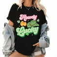 thumbnail image 1 of Black St Patricks Day Print Tshirt Graphic Tees Shirts Howdy Go Lucky Leopard Cowboy Hat Clover Festive Casual Fashion Tops Sizes S-5XL, 1 of 5