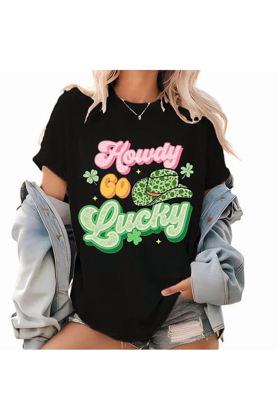 Black St Patricks Day Print Tshirt Graphic Tees Shirts Howdy Go Lucky Leopard Cowboy Hat Clover Festive Casual Fashion Tops Sizes S-5XL