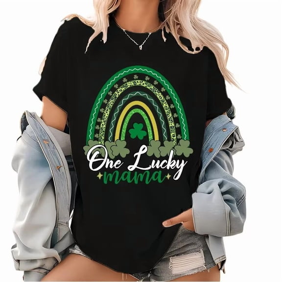 Black St Patricks Day Print Tshirt Graphic Tees Shirts One Lucky Mama Rainbow Clover Festive Casual Mom Fashion Tops Sizes S-5XL