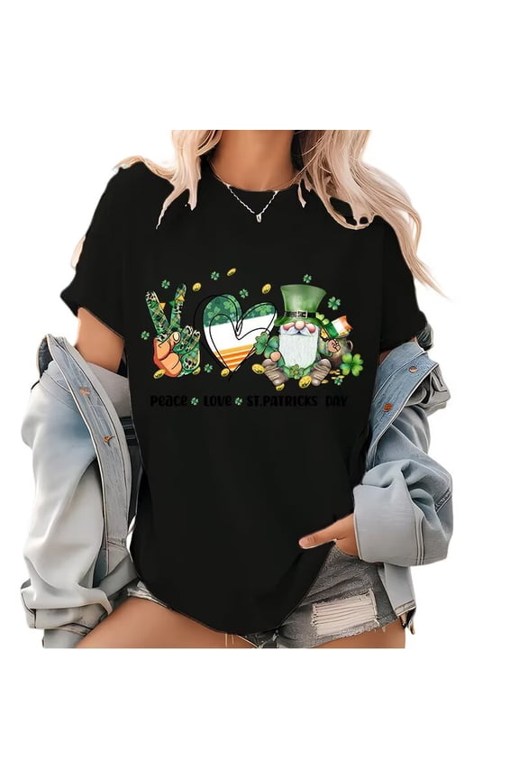 Black St Patricks Day Print Tshirt Graphic Tees Shirts Peace Love Irish Heart Gnome Clover Festive Casual Fashion Tops Sizes S-5XL