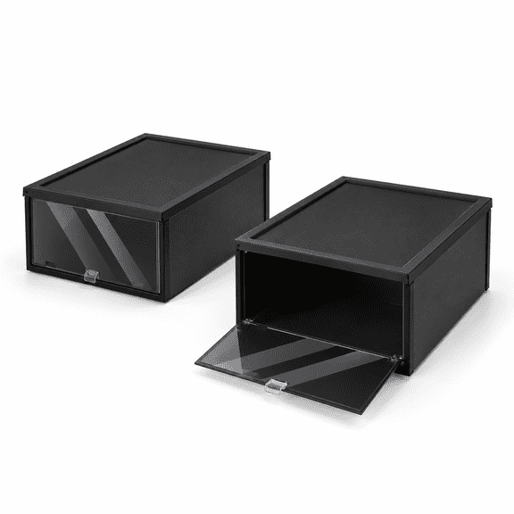 Black Stackable Drop Front Plastic Shoe Storage Box Fits UK12/US13 Footwear
