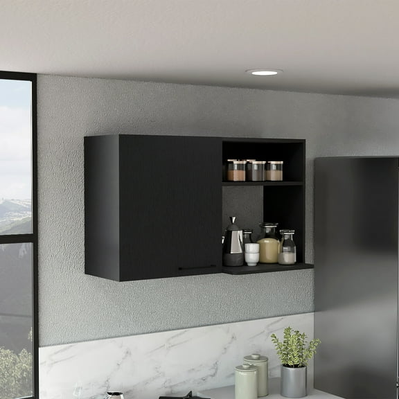 Black Stackable Wall Storage Cabinet 24" H, With Two Internal Shelves, Outer One Door - Enchanting Kitchen Organizer Inner Efficient