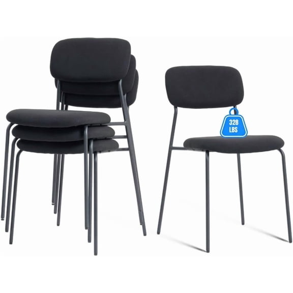 Black Stacking Chairs with Upholstered Fabric Seat and Back, Armless Guest Chairs with Metal Frames, Stackable Reception Chair for Waiting Area, School, Conference Room, and Church, Set of 4.