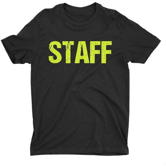 Black Staff T-Shirt Front & Back Print Mens Event Shirt Neon Yellow Print Tee Small