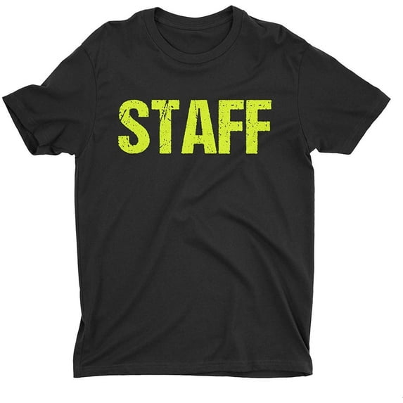 Black Staff T-Shirt Front & Back Print Mens Event Shirt Neon Yellow Print Tee...