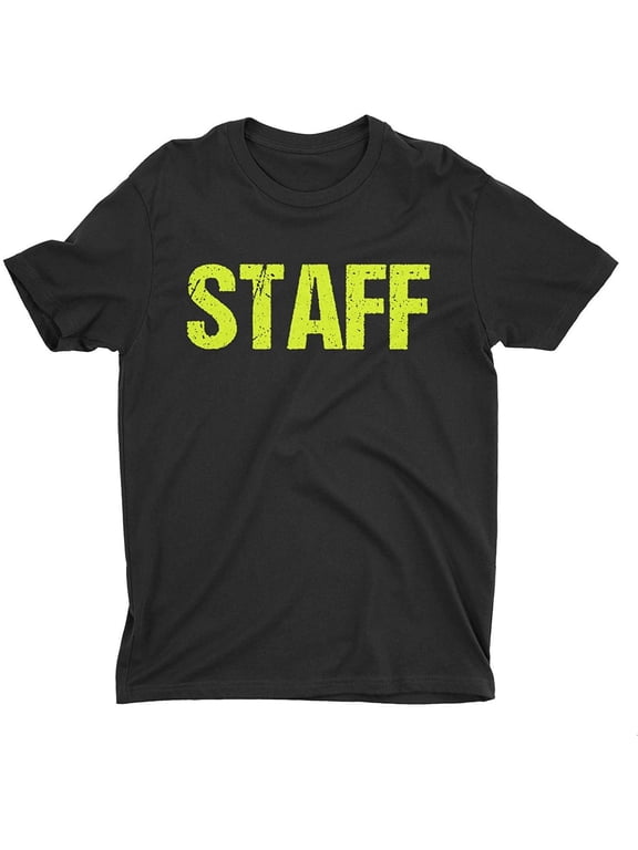 Black Staff T-Shirt Front & Back Print Mens Event Shirt Neon Yellow Print Tee...