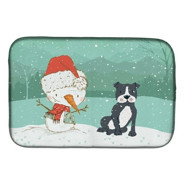 Black Staffie Snowman Christmas Dish Drying Mat