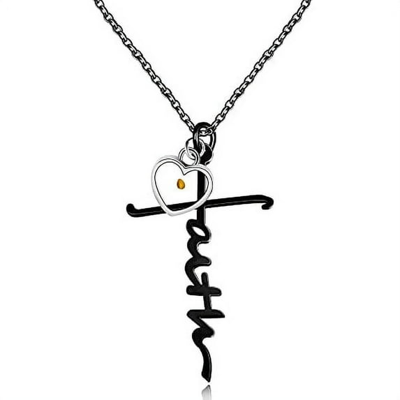 Black Stainless Initial Faith Cross Necklace with Heart Mustard Seed Christian Jewelry Inspirational Gifts Y1378 (Black)