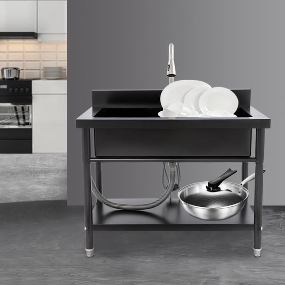 Black Stainless Steel 100x60x80cm Independent Sink With Pull-Out Faucet Commercial Kitchen Large-Capacity Working Sink